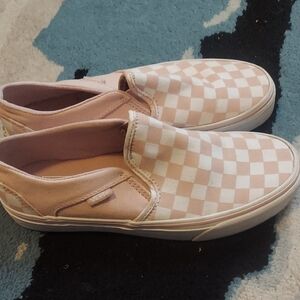 Vans Blush and White Checkered Slip-Ons